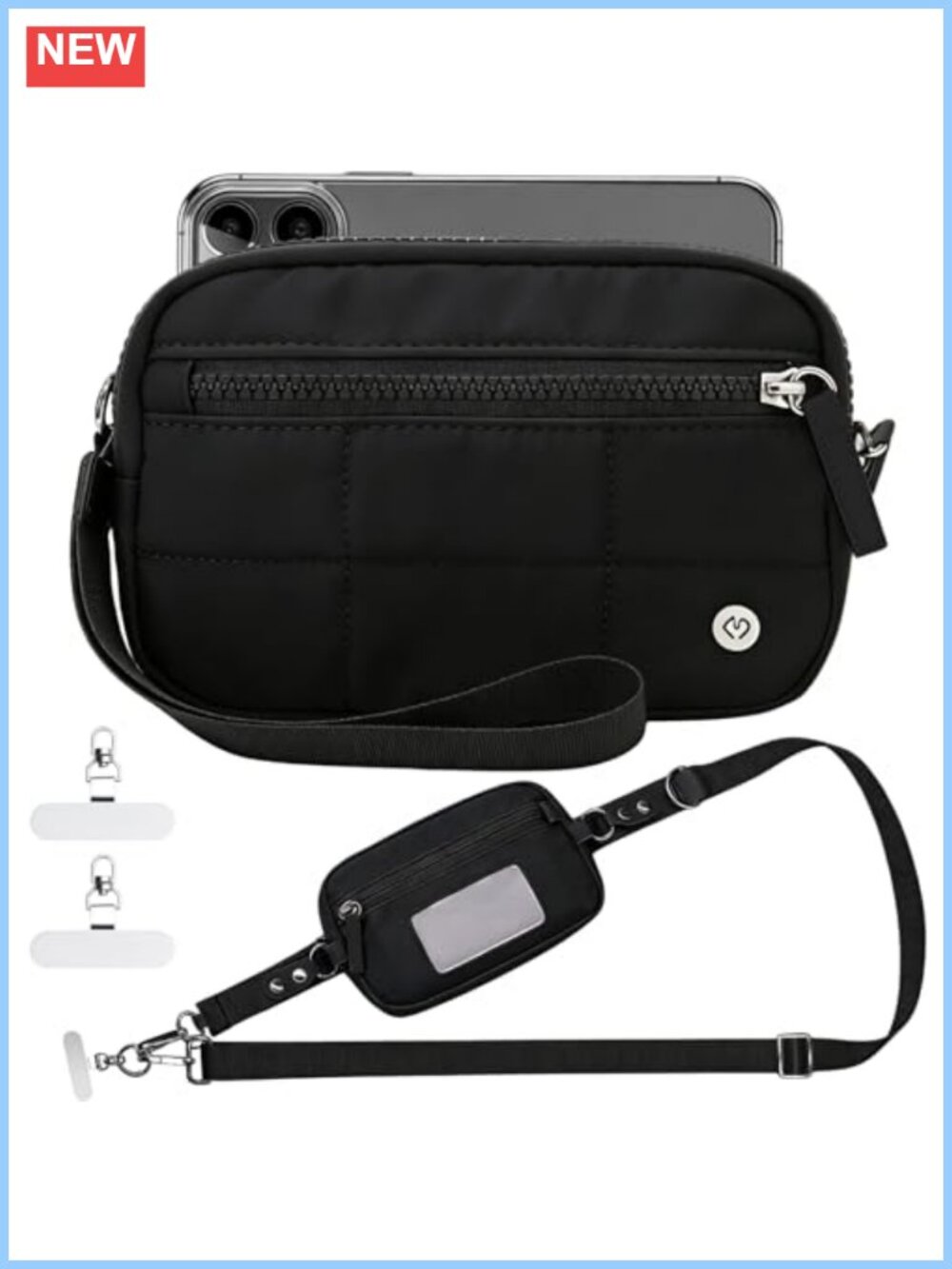 Nylon Quilted RFID Wristlet Wallet with Phone Lanyard Strap Set